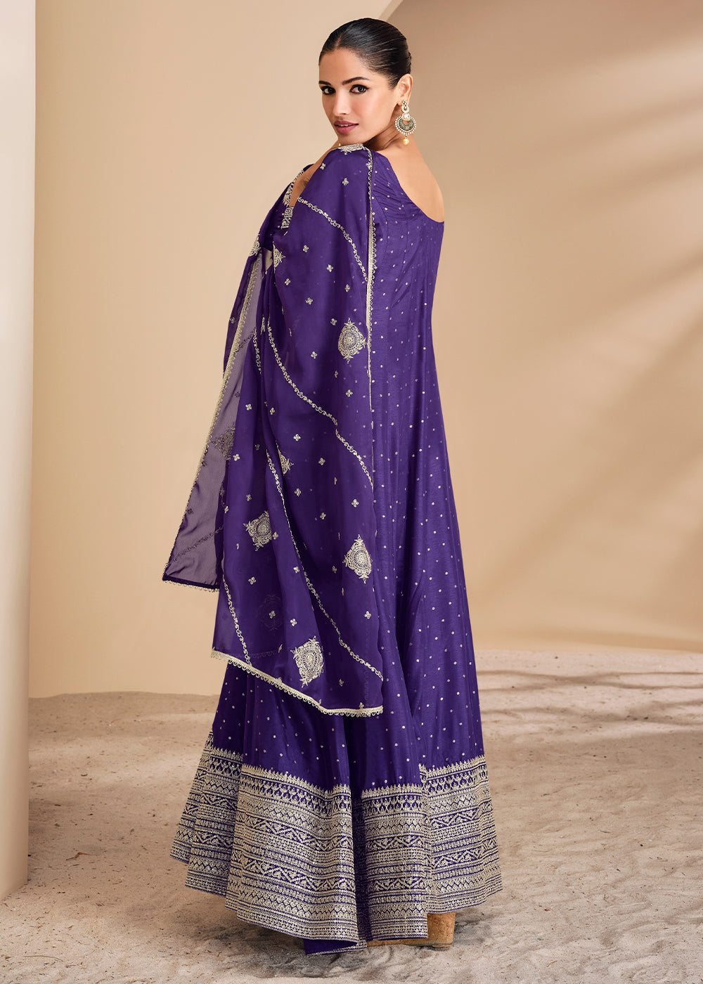 Indigo Purple Jacquard Silk Anarkali Gown with Intricate Front & Back Embroidery