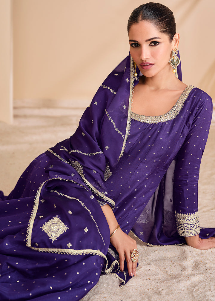 Indigo Purple Jacquard Silk Anarkali Gown with Intricate Front & Back Embroidery