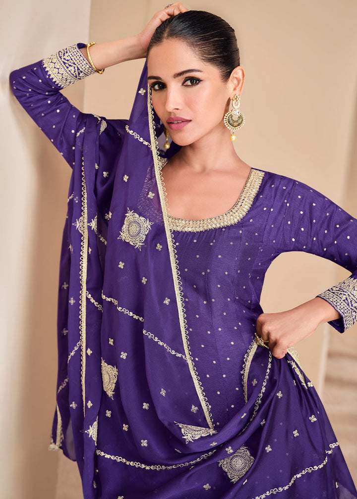 Indigo Purple Jacquard Silk Anarkali Gown with Intricate Front & Back Embroidery