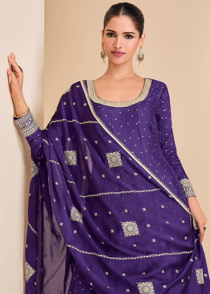 Indigo Purple Jacquard Silk Anarkali Gown with Intricate Front & Back Embroidery