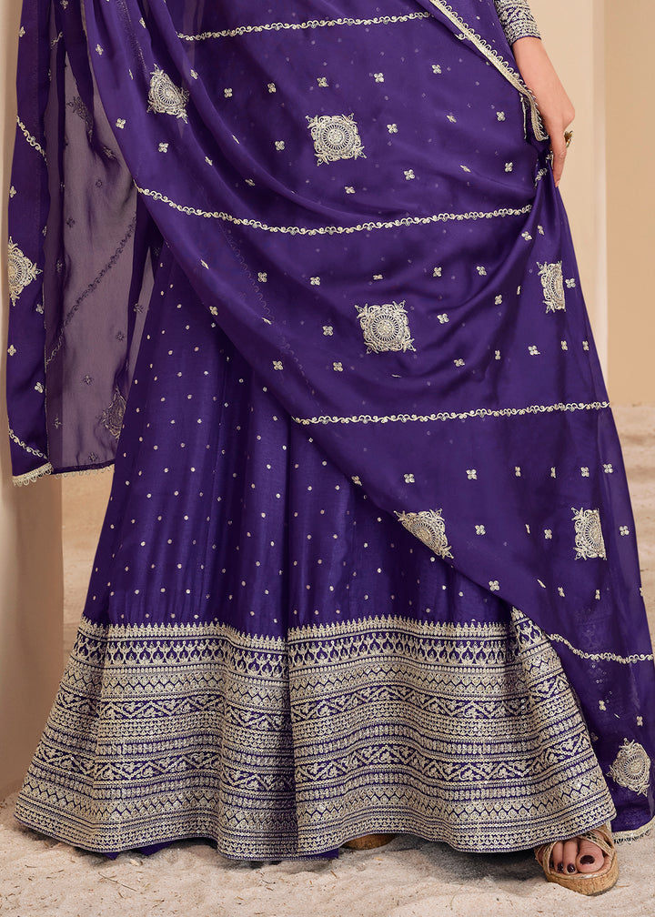 Indigo Purple Jacquard Silk Anarkali Gown with Intricate Front & Back Embroidery