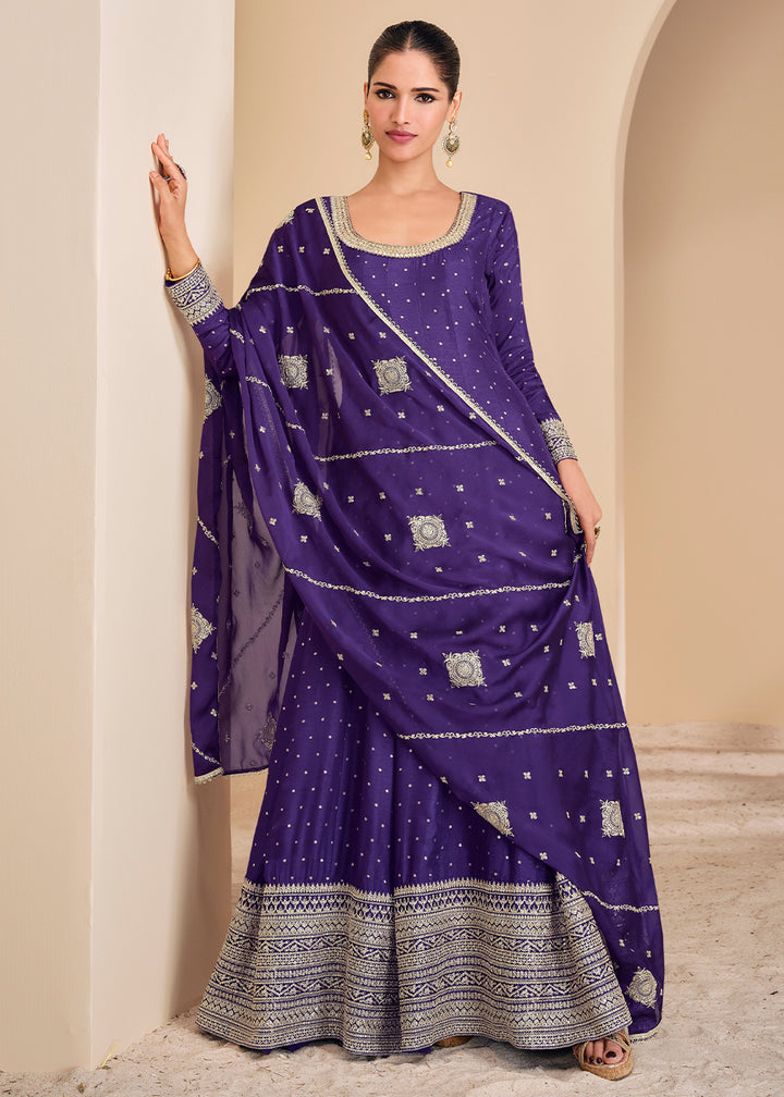 Indigo Purple Jacquard Silk Anarkali Gown with Intricate Front & Back Embroidery