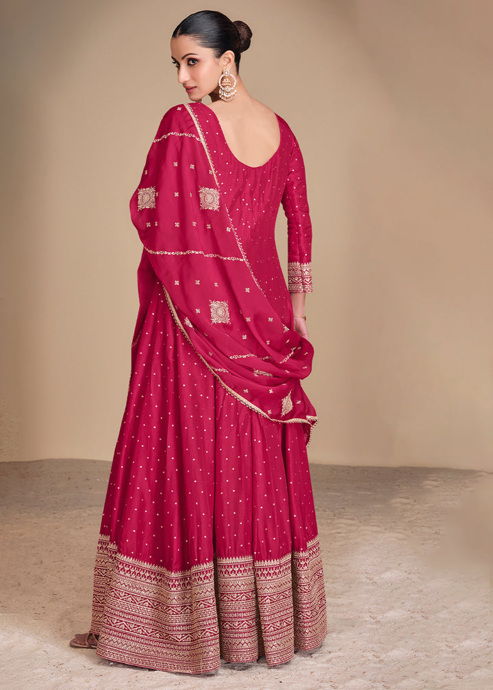 Cerise Pink Jacquard Silk Anarkali Gown with Intricate Front & Back Embroidery