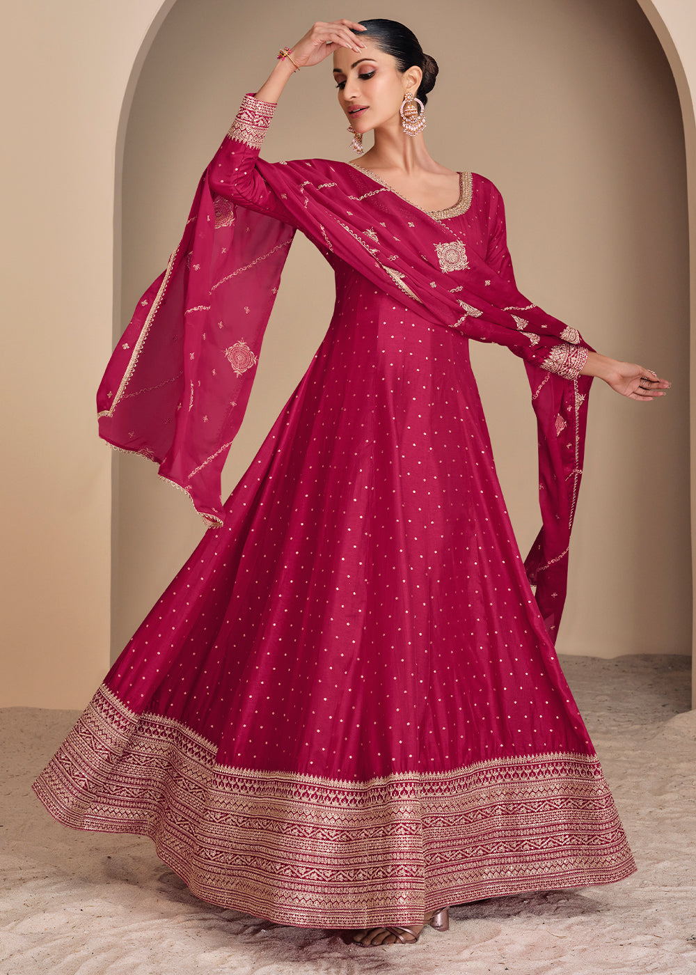 Cerise Pink Jacquard Silk Anarkali Gown with Intricate Front & Back Embroidery