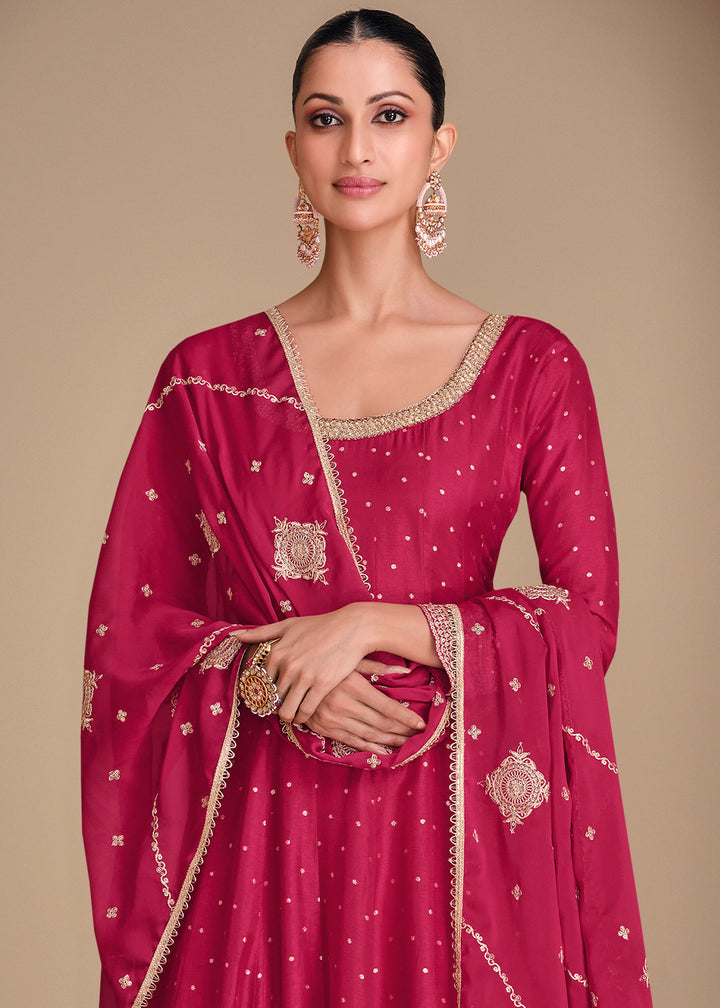 Cerise Pink Jacquard Silk Anarkali Gown with Intricate Front & Back Embroidery