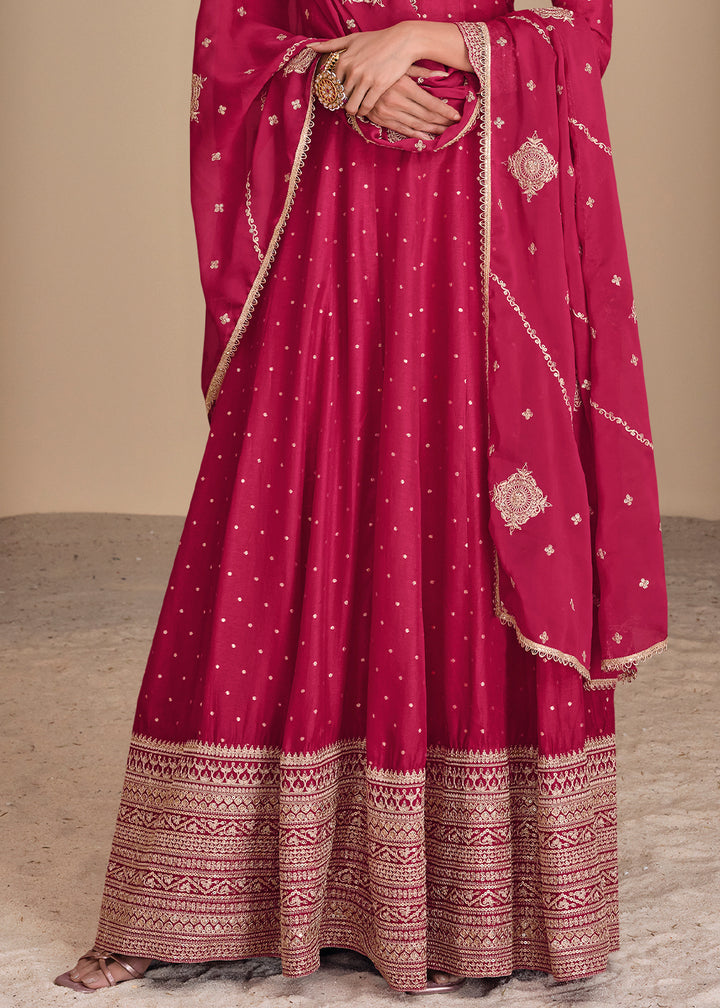 Cerise Pink Jacquard Silk Anarkali Gown with Intricate Front & Back Embroidery