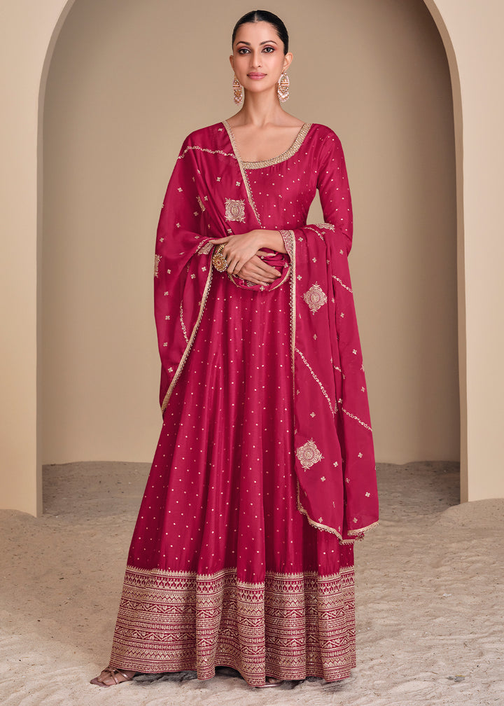 Cerise Pink Jacquard Silk Anarkali Gown with Intricate Front & Back Embroidery