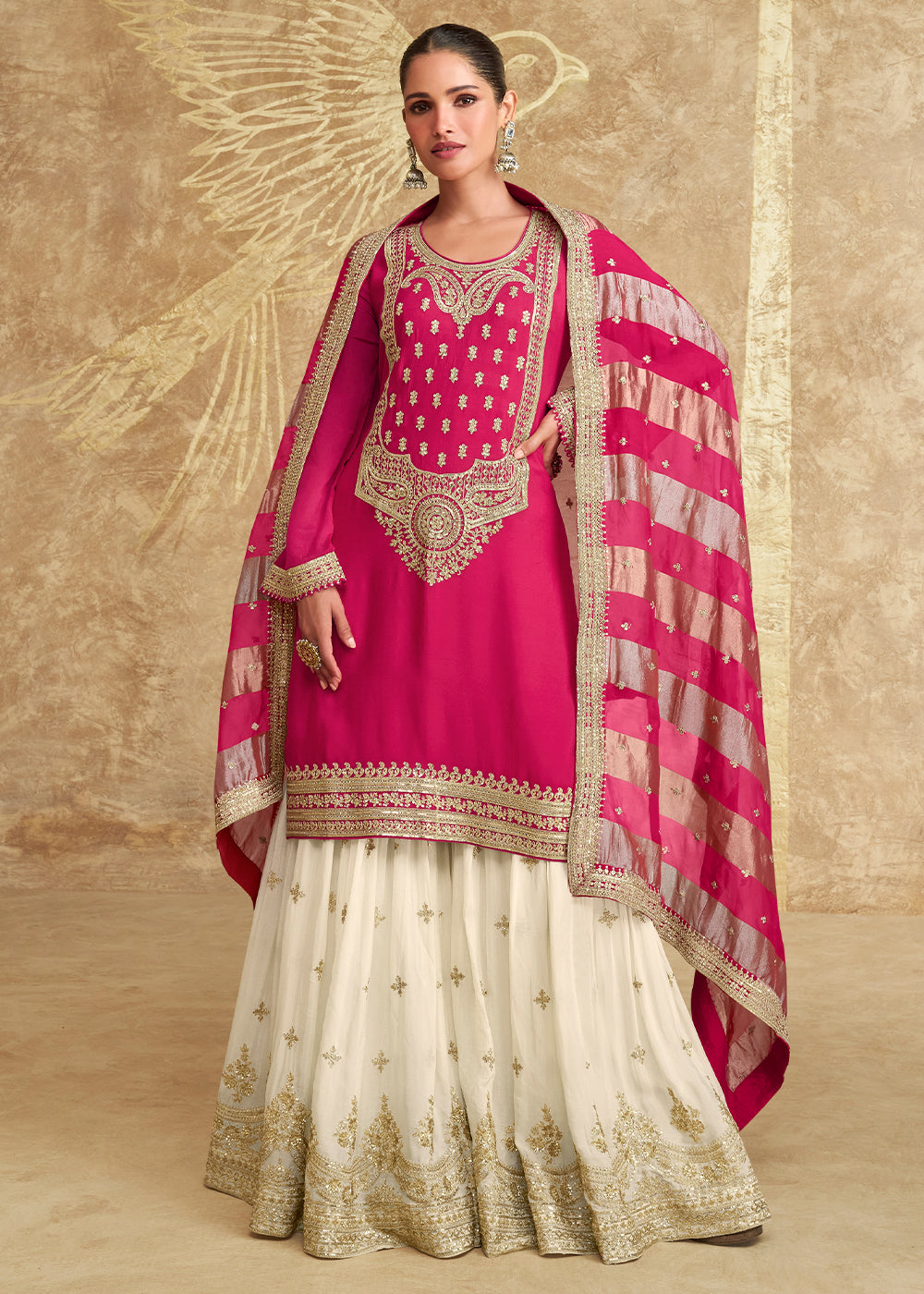 Magenta Pink and White Chinon Silk Gharara Set with Elegant Embroidery