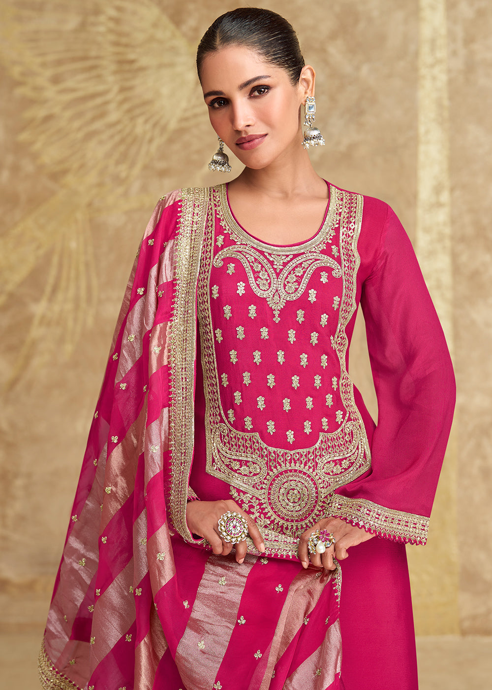 Magenta Pink and White Chinon Silk Gharara Set with Elegant Embroidery