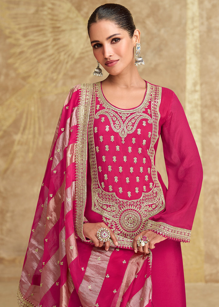 Magenta Pink and White Chinon Silk Gharara Set with Elegant Embroidery