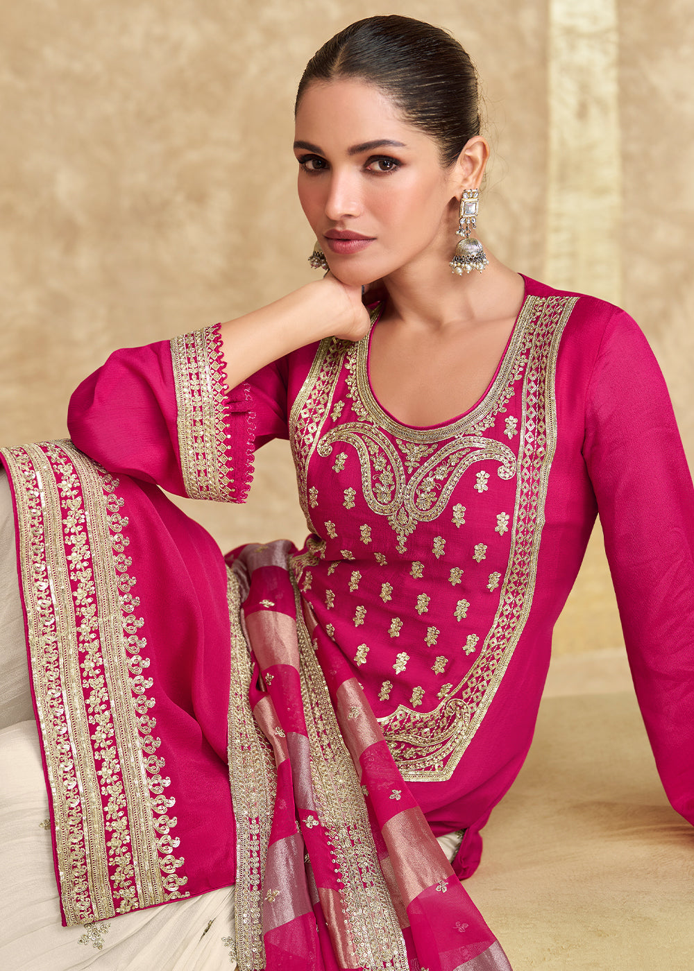 Magenta Pink and White Chinon Silk Gharara Set with Elegant Embroidery