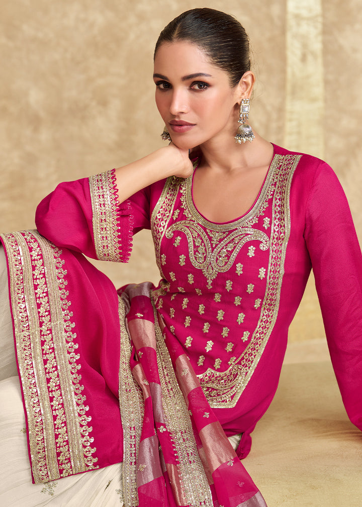 Magenta Pink and White Chinon Silk Gharara Set with Elegant Embroidery