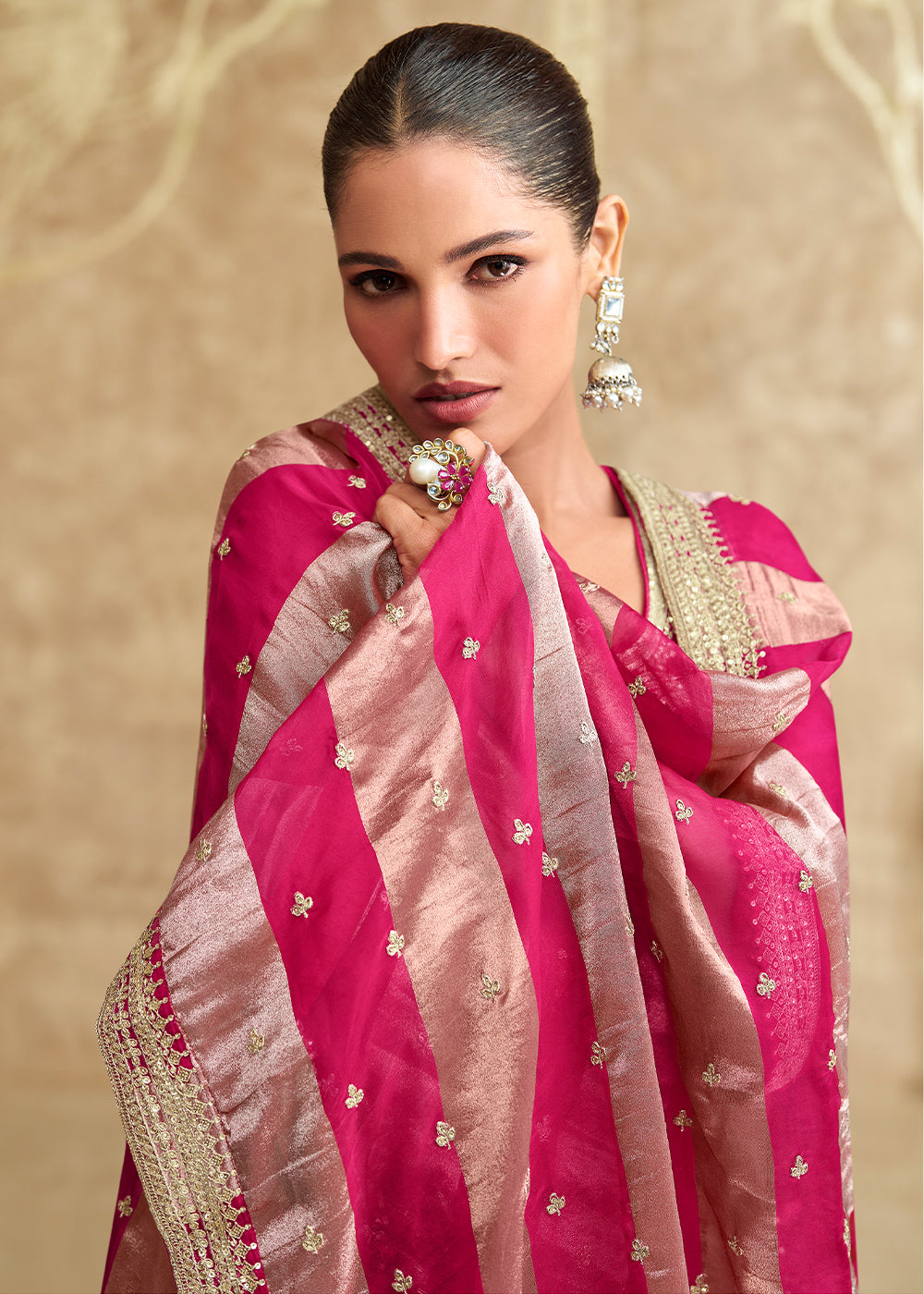 Magenta Pink and White Chinon Silk Gharara Set with Elegant Embroidery