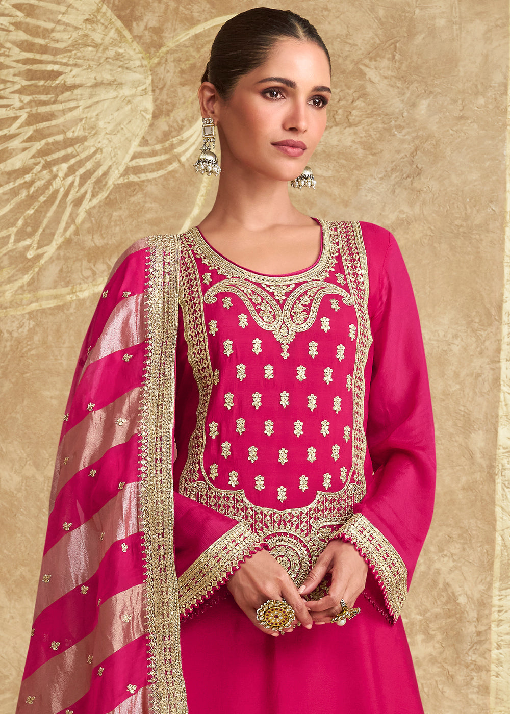 Magenta Pink and White Chinon Silk Gharara Set with Elegant Embroidery