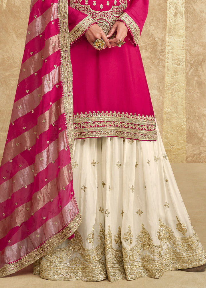 Magenta Pink and White Chinon Silk Gharara Set with Elegant Embroidery