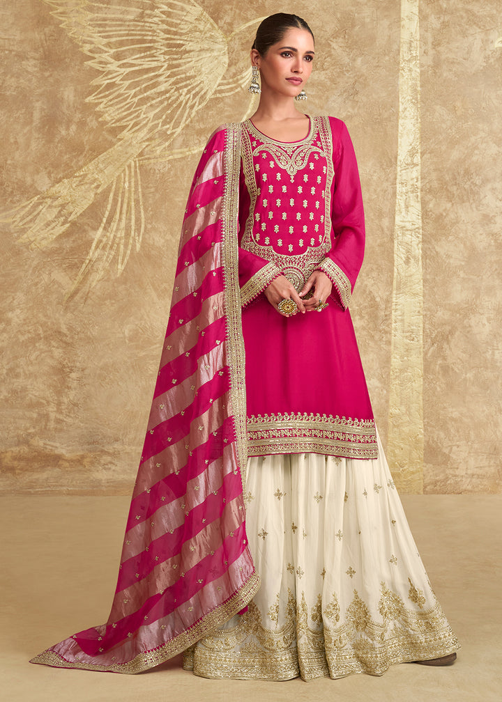 Magenta Pink and White Chinon Silk Gharara Set with Elegant Embroidery