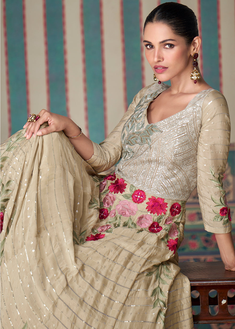 Beige Brown Floral Embroidered Silk Anarkali Suit