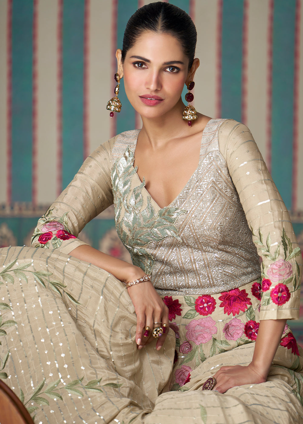 Beige Brown Floral Embroidered Silk Anarkali Suit