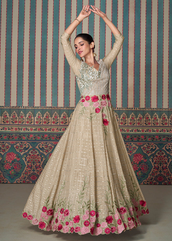 Beige Brown Floral Embroidered Silk Anarkali Suit