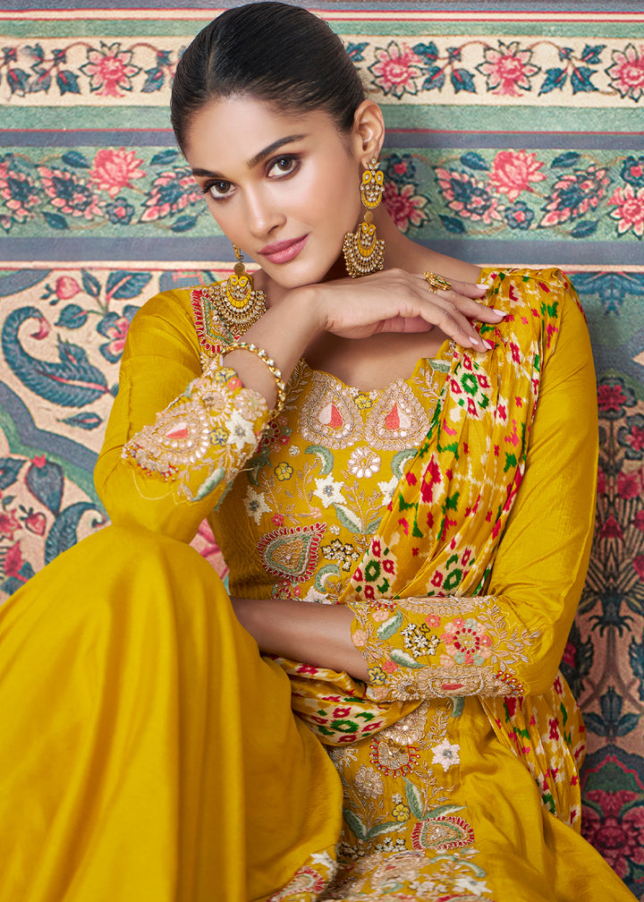 Aureolin Yellow Floral Embroidered Silk Anarkali Suit