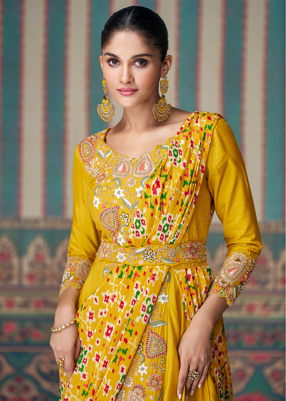 Aureolin Yellow Floral Embroidered Silk Anarkali Suit