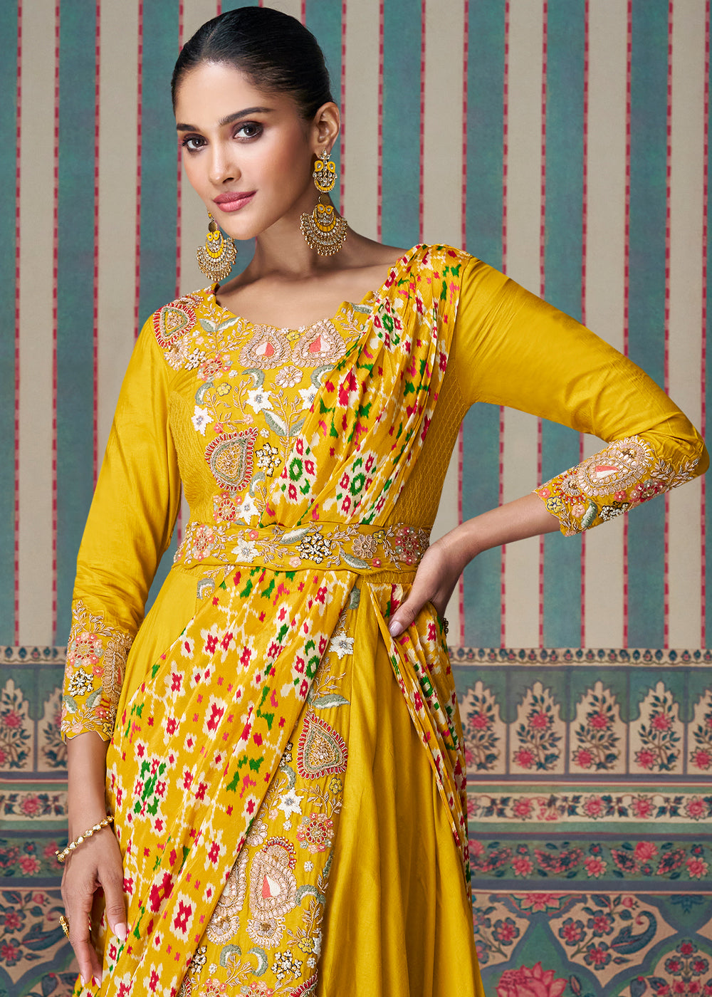 Aureolin Yellow Floral Embroidered Silk Anarkali Suit