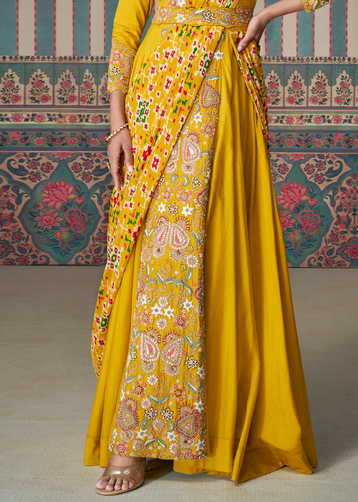 Aureolin Yellow Floral Embroidered Silk Anarkali Suit