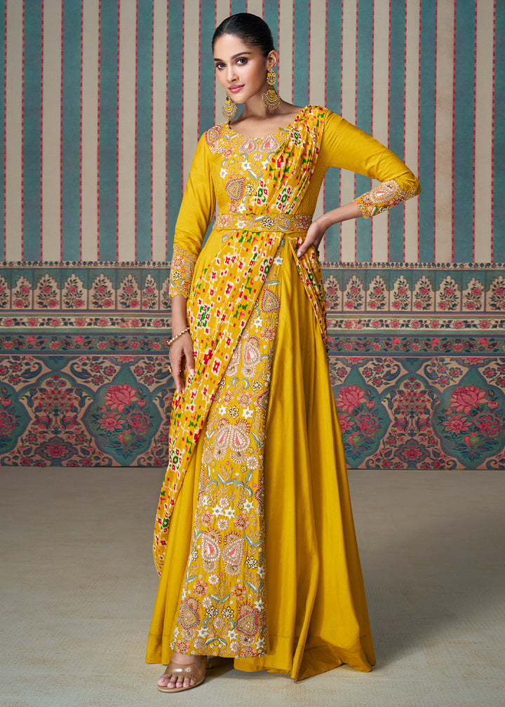 Aureolin Yellow Floral Embroidered Silk Anarkali Suit