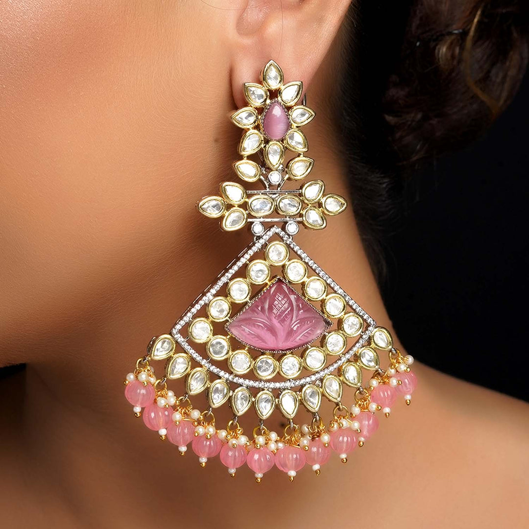 Dipti Diamond Work Rhodium Plated Victorian Earring With Pink Stones