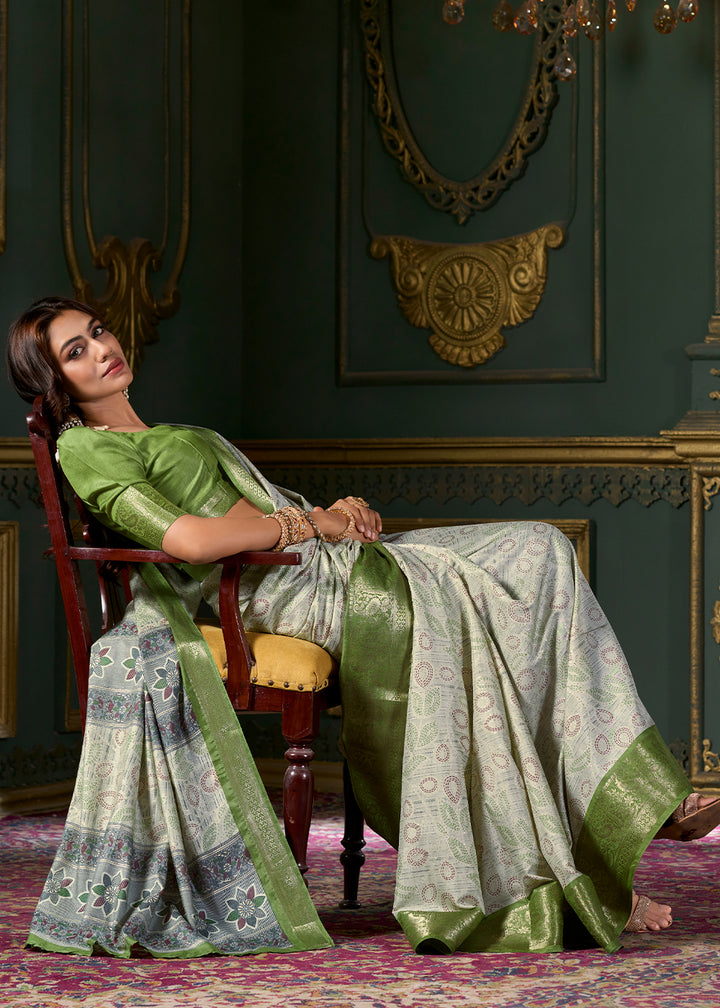 Shades Of Green Foil Printed Soft Silk Saree