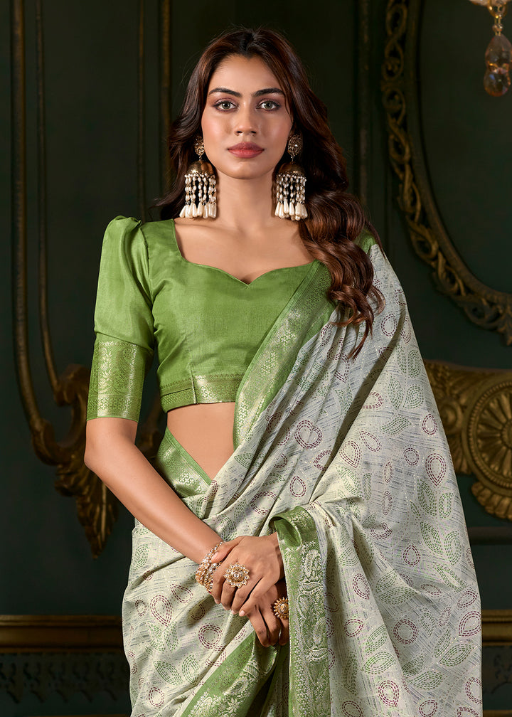 Shades Of Green Foil Printed Soft Silk Saree