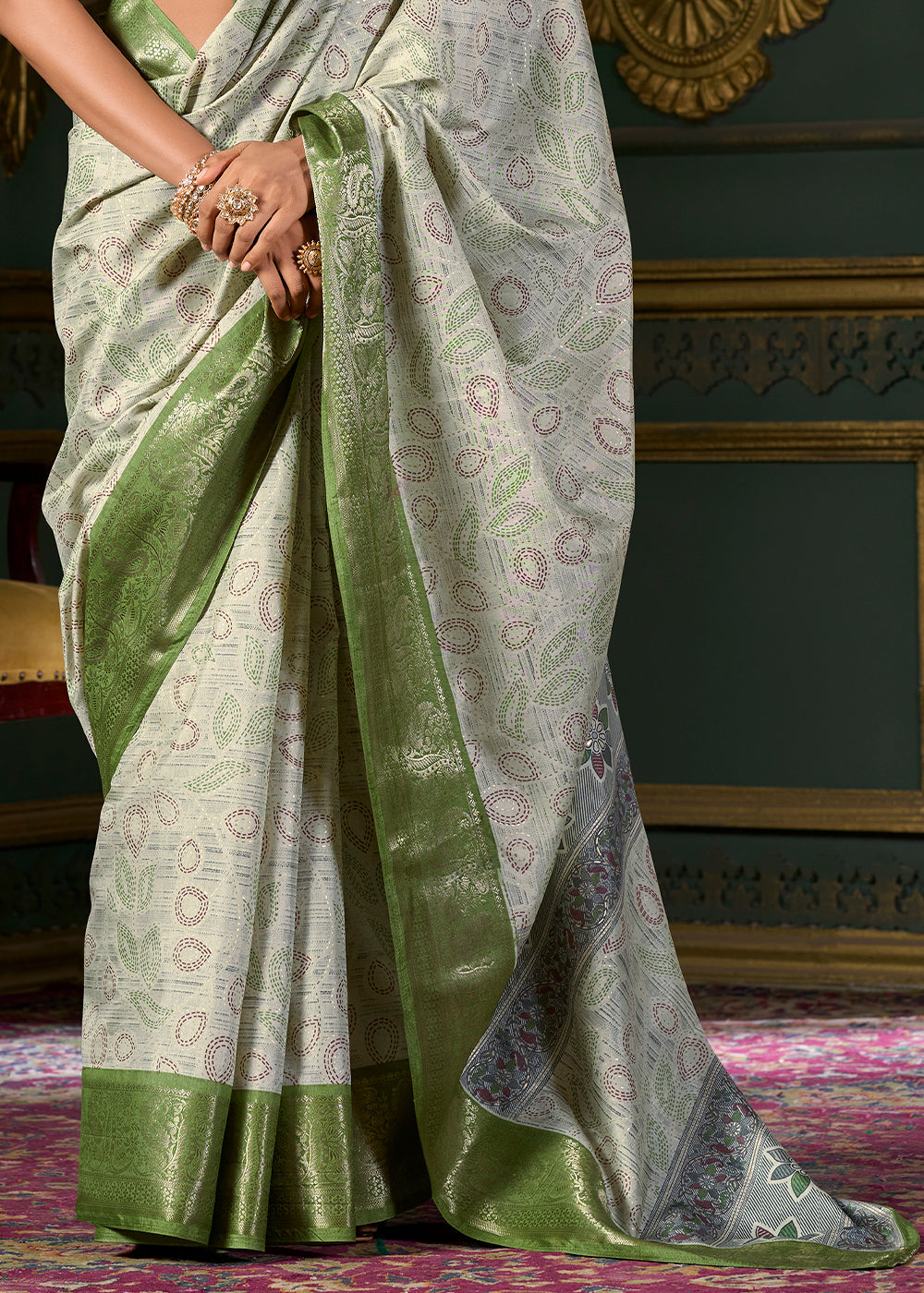 Shades Of Green Foil Printed Soft Silk Saree