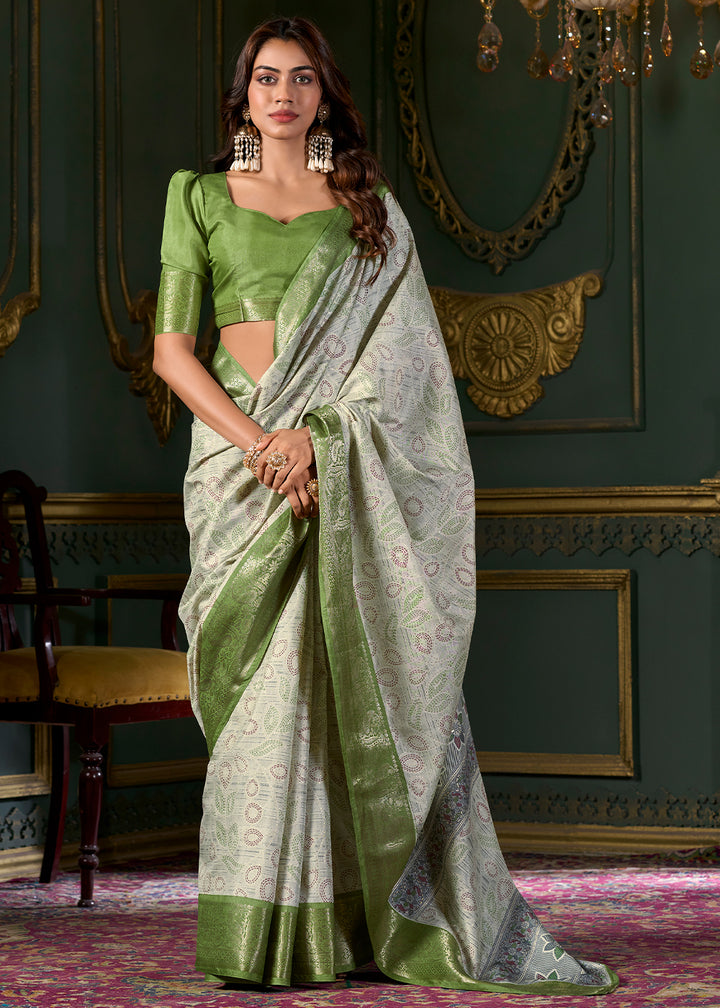 Shades Of Green Foil Printed Soft Silk Saree