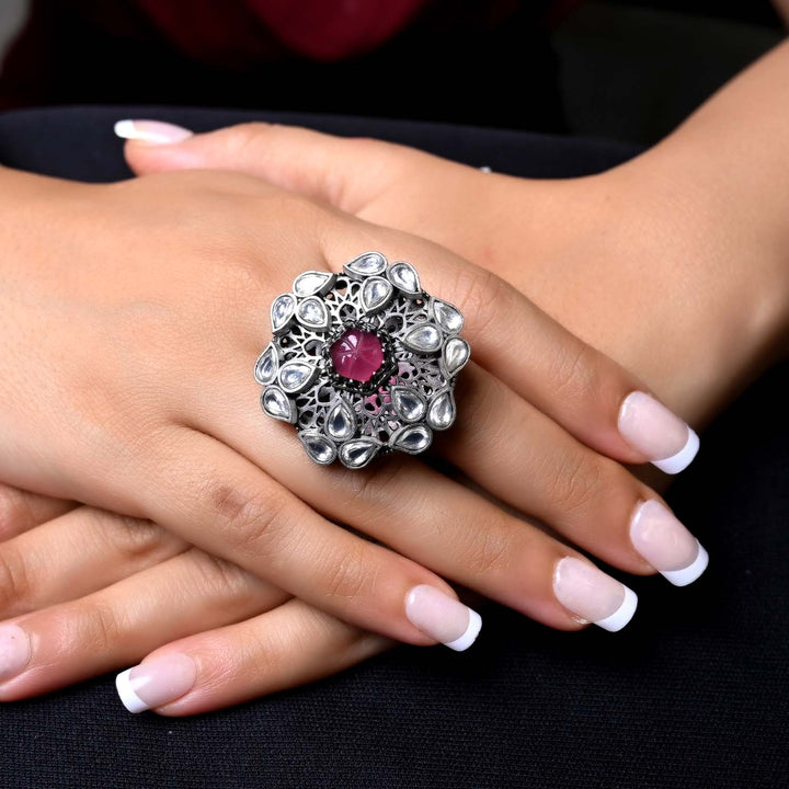 Indira Rose Pink Stone Oxidized Silver Boutique Ring