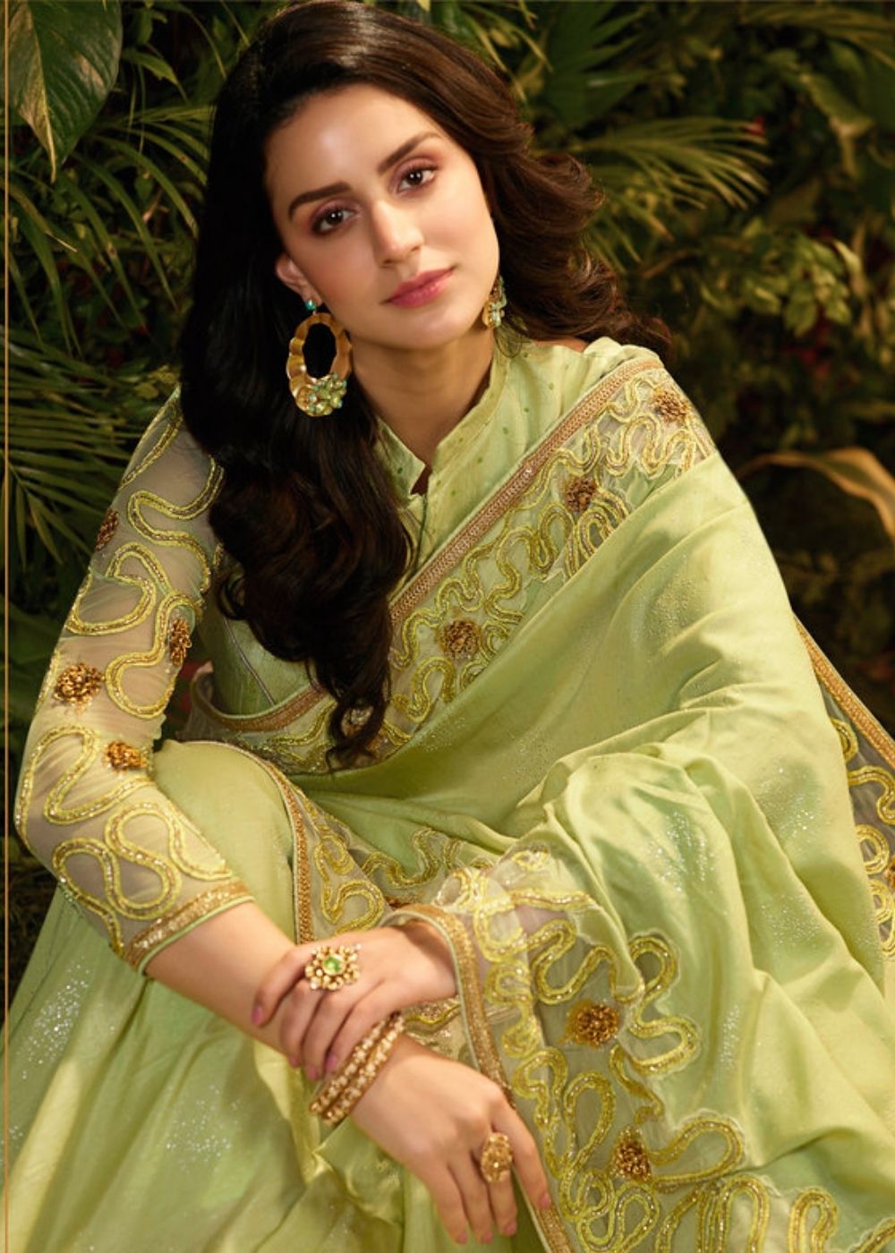 Olive Green Designer Embroidered Saree