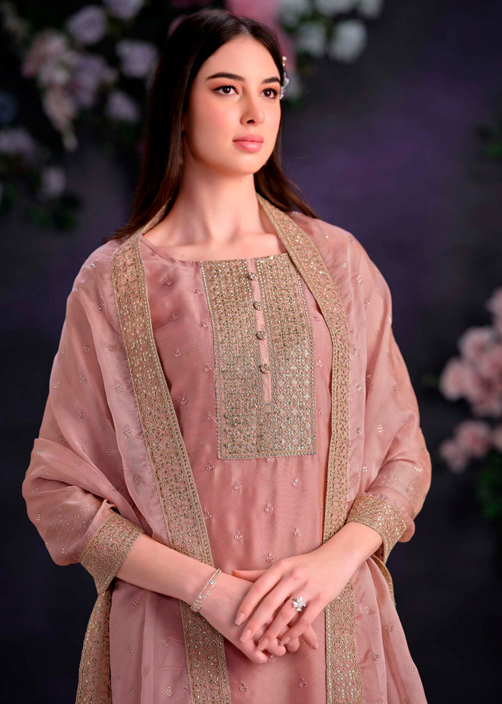 Light Blush Pink Organza Suit with Shimmer Effect and Zarkan Embroidery