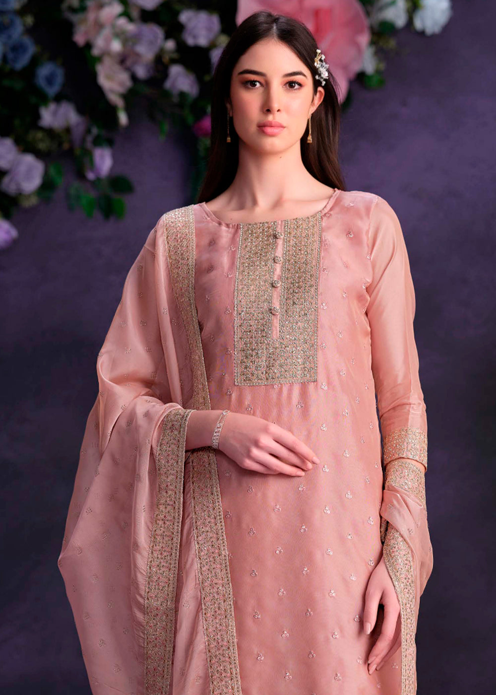 Light Blush Pink Organza Suit with Shimmer Effect and Zarkan Embroidery