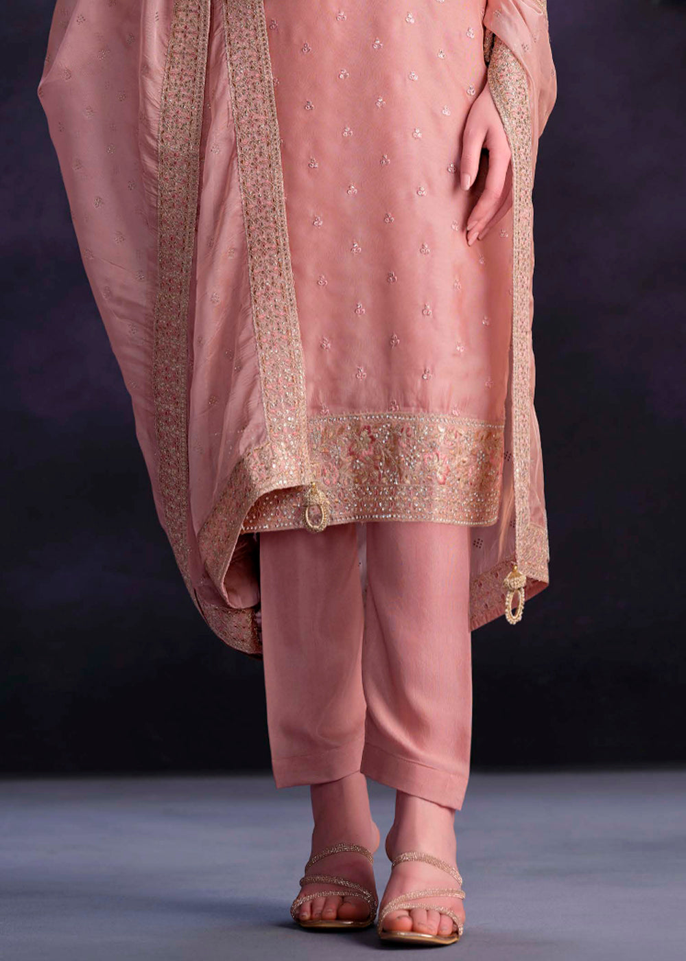 Light Blush Pink Organza Suit with Shimmer Effect and Zarkan Embroidery