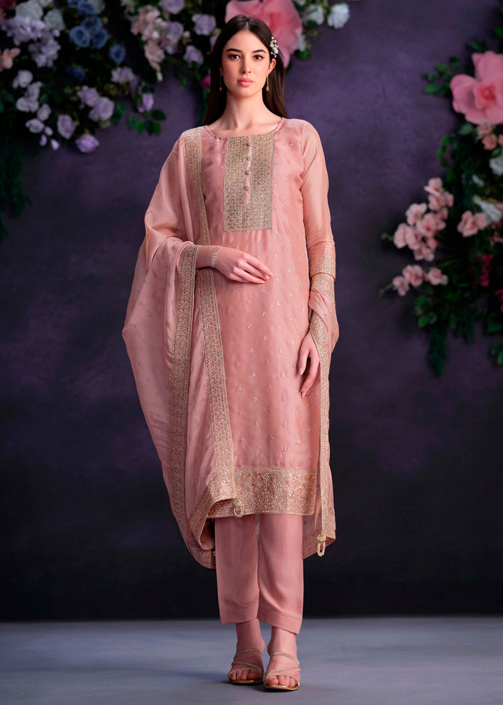 Light Blush Pink Organza Suit with Shimmer Effect and Zarkan Embroidery