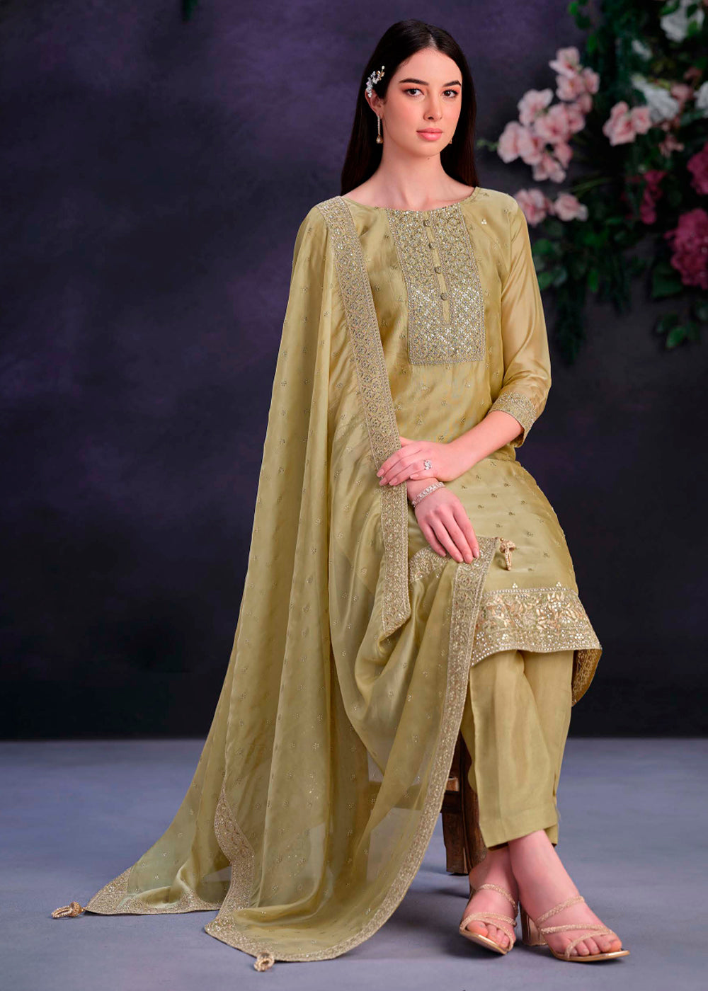 Alge Green Organza Suit with Shimmer Effect and Zarkan Embroidery