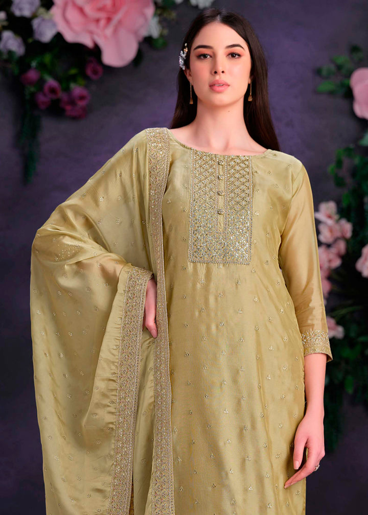 Alge Green Organza Suit with Shimmer Effect and Zarkan Embroidery