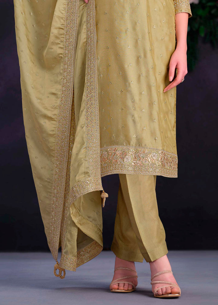 Alge Green Organza Suit with Shimmer Effect and Zarkan Embroidery