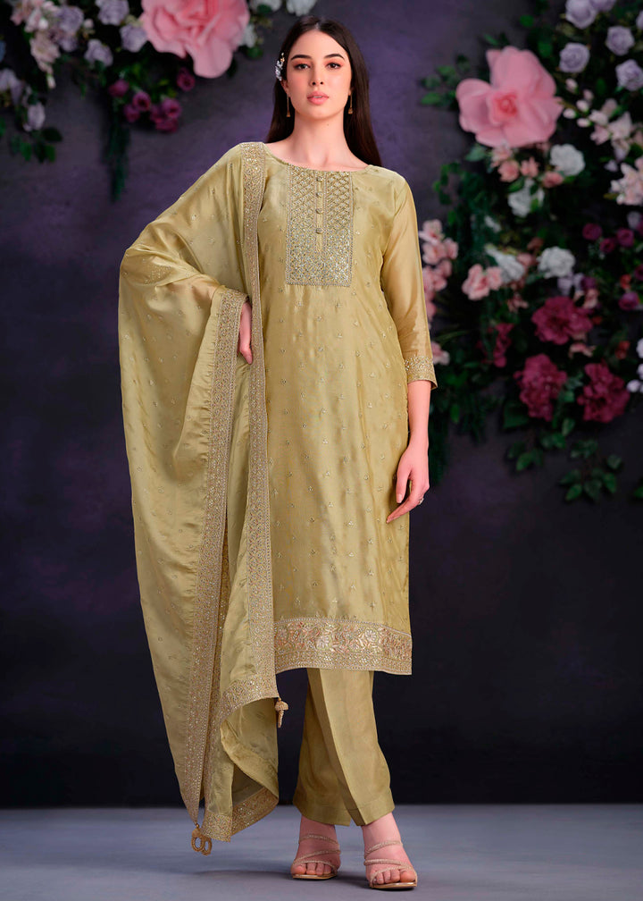 Alge Green Organza Suit with Shimmer Effect and Zarkan Embroidery