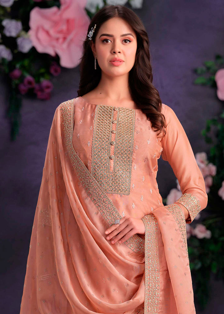 Terracotta Orange Organza Suit with Shimmer Effect and Zarkan Embroidery