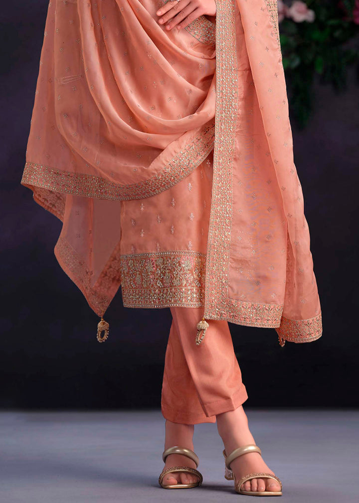 Terracotta Orange Organza Suit with Shimmer Effect and Zarkan Embroidery