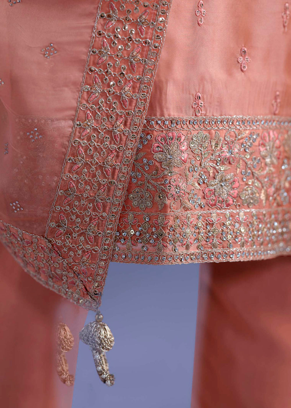 Terracotta Orange Organza Suit with Shimmer Effect and Zarkan Embroidery