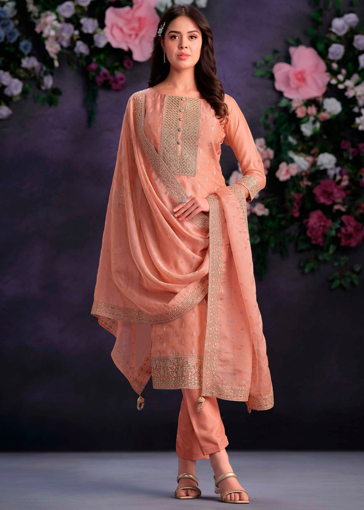 Terracotta Orange Organza Suit with Shimmer Effect and Zarkan Embroidery