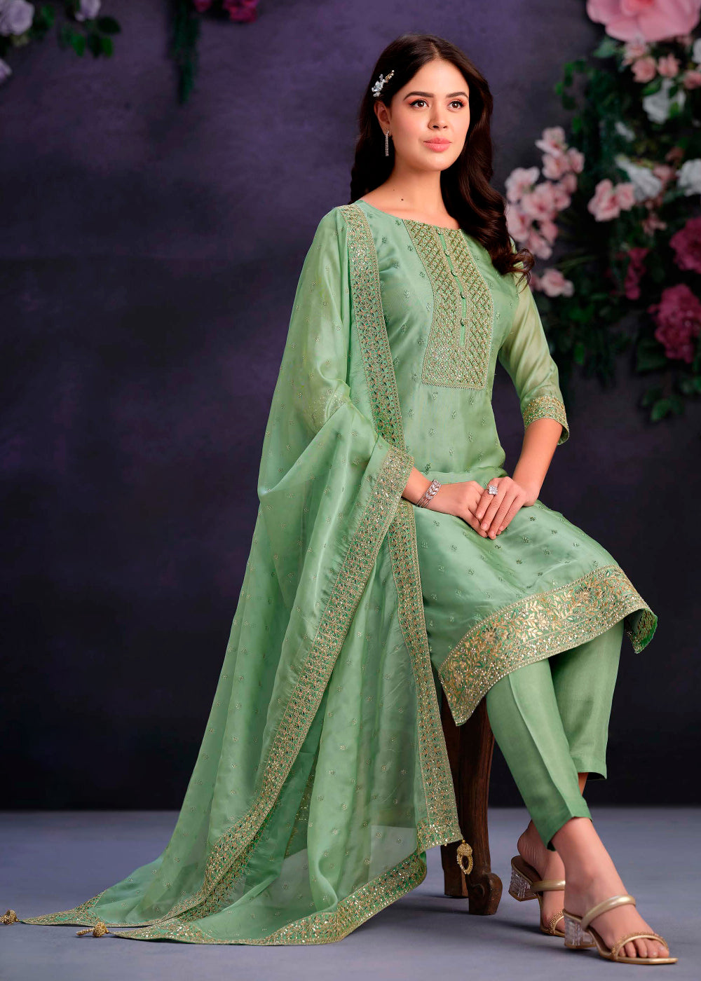 Pastel Green Organza Suit with Shimmer Effect and Zarkan Embroidery