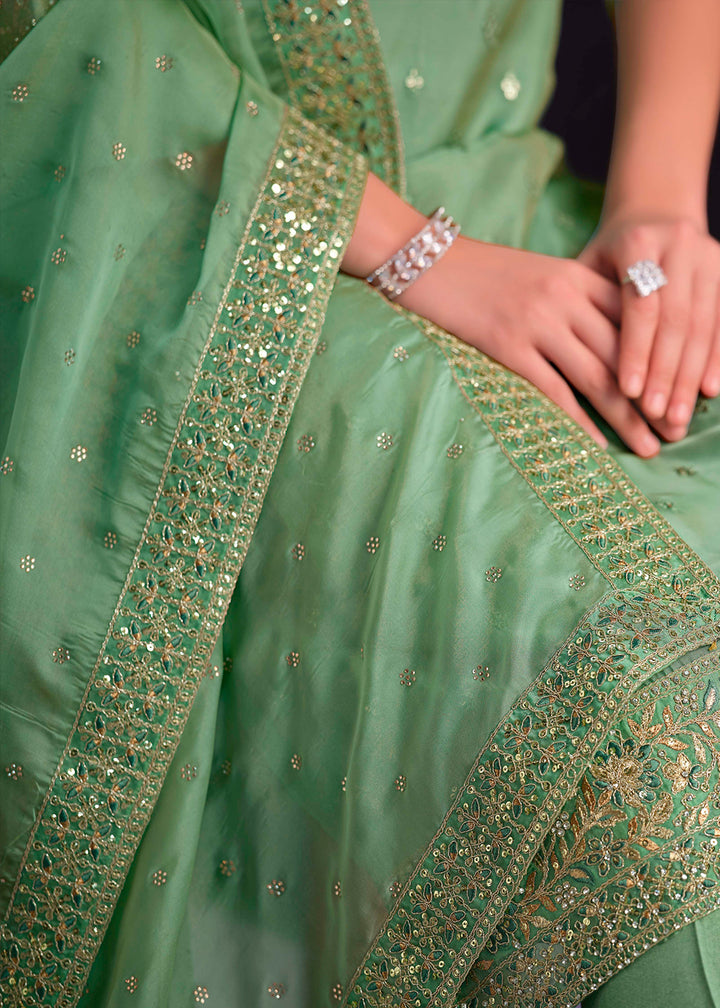 Pastel Green Organza Suit with Shimmer Effect and Zarkan Embroidery