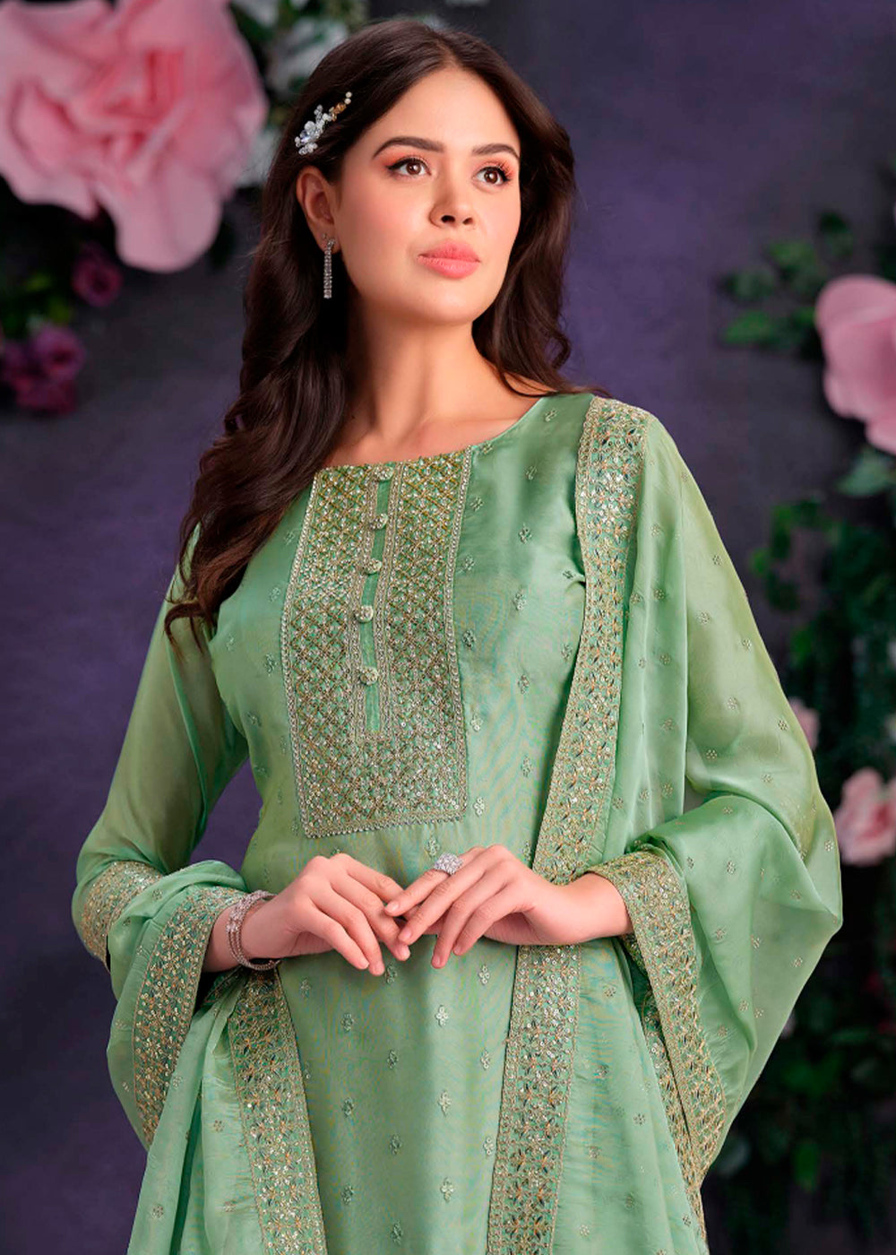 Pastel Green Organza Suit with Shimmer Effect and Zarkan Embroidery